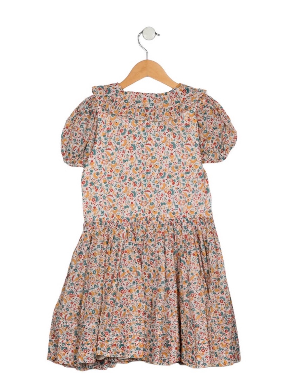 Doen Girls Floral Puff-Sleeve Cotton Dress White with Yellow & Teal Floral Print - Picture 2 of 3